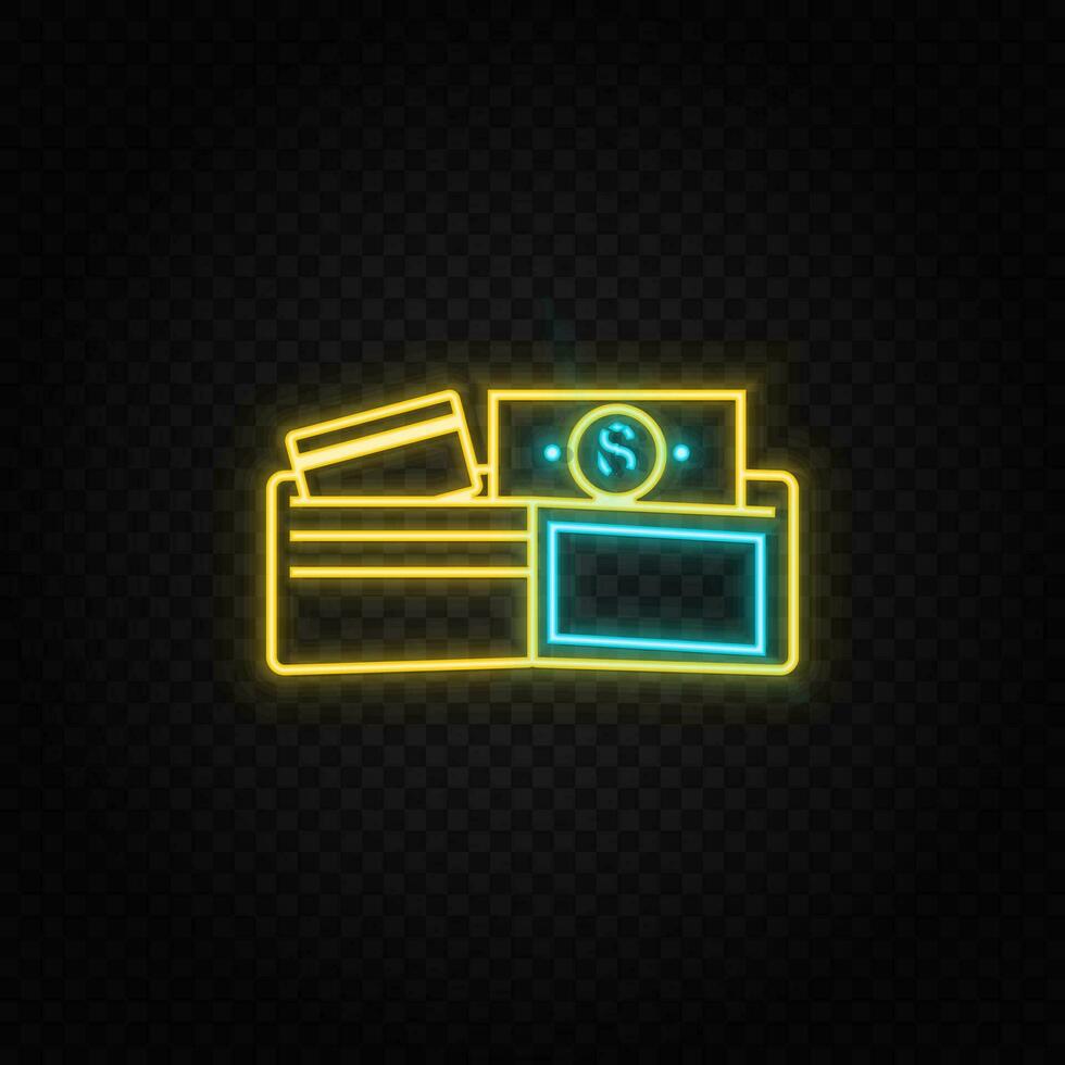 Wallet, dolar neon icon. Blue and yellow neon vector icon. Transparent background