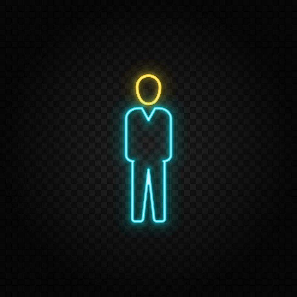 Human, businessman neon icon. Blue and yellow neon vector icon. Transparent background