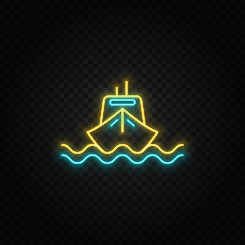 barco, transporte neón icono. azul y amarillo neón vector icono. transparente antecedentes
