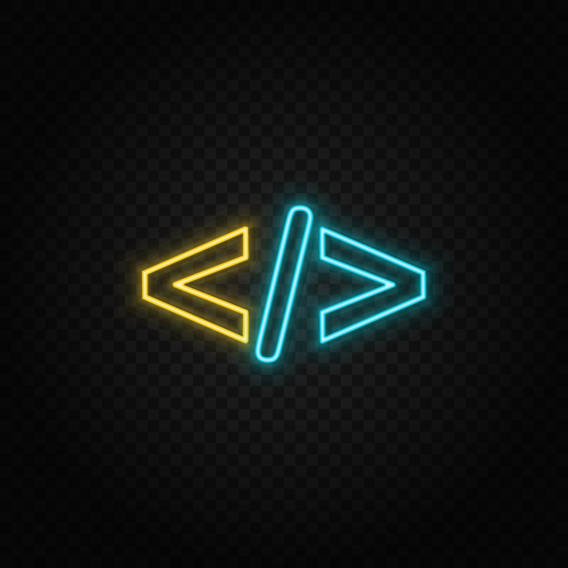 Code, html neon icon. Blue and yellow neon vector icon. Transparent ...