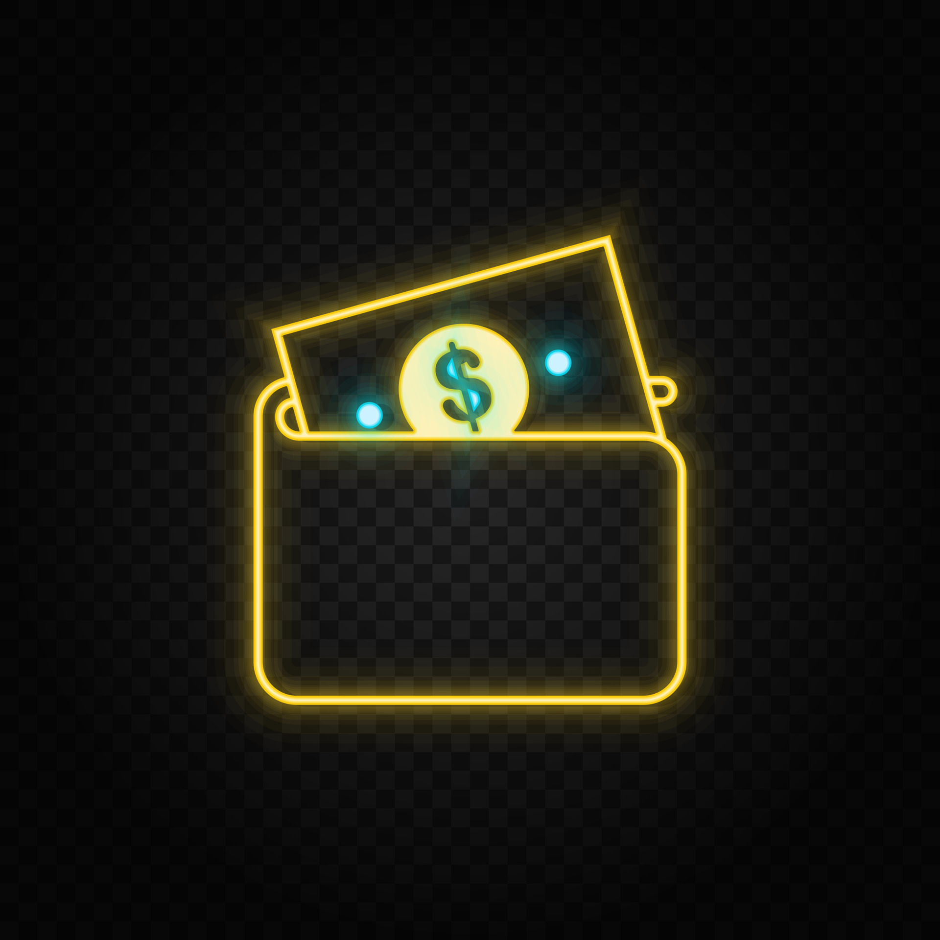 Wallet, money, credit neon icon. Blue and yellow neon vector icon