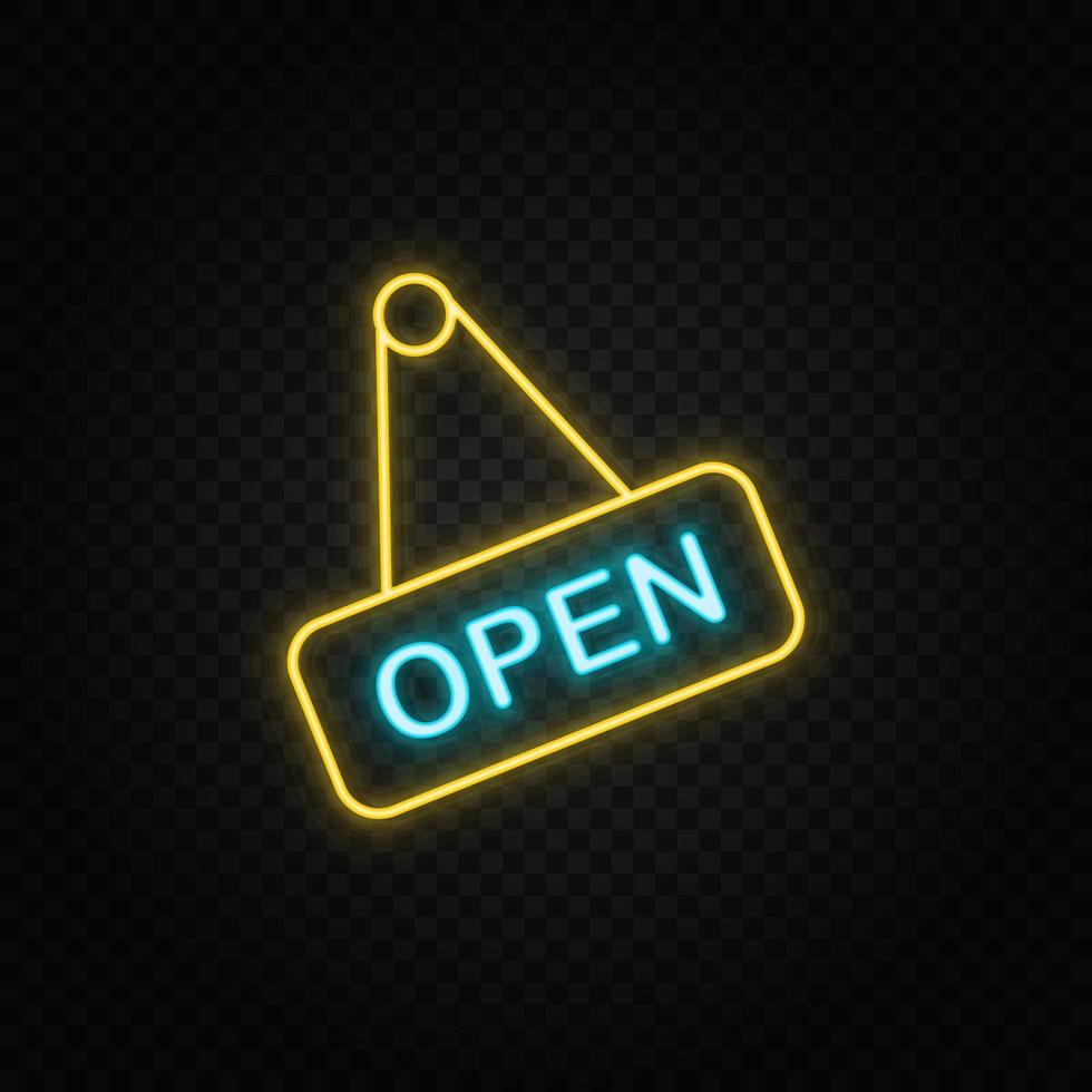 Open, shop neon icon. Blue and yellow neon vector icon. Transparent background