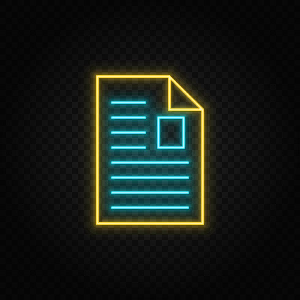 Article, file neon icon. Blue and yellow neon vector icon. Transparent background