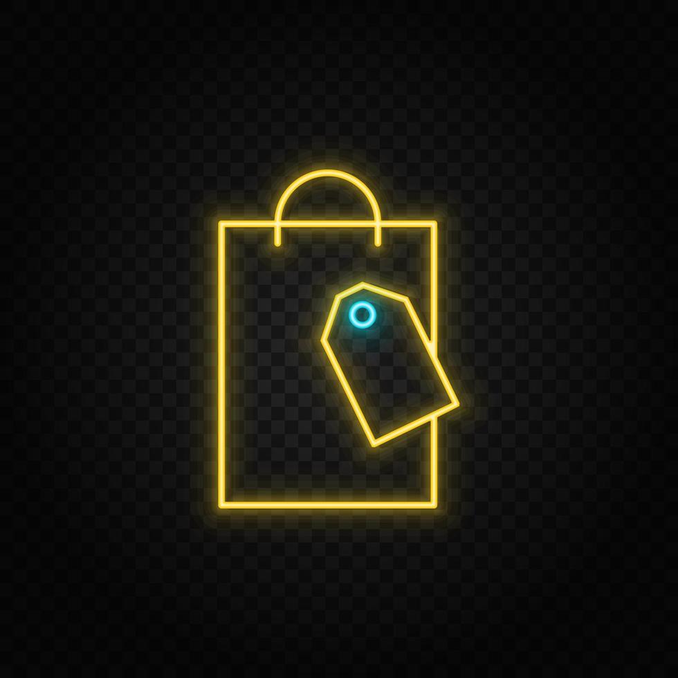 Shopping, paper, bag neon icon. Blue and yellow neon vector icon. Transparent background