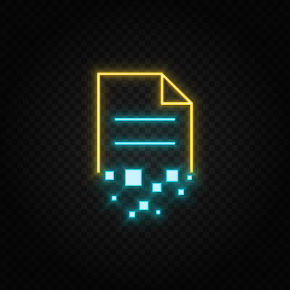 Destroy, document neon icon. Blue and yellow neon vector icon. Transparent background