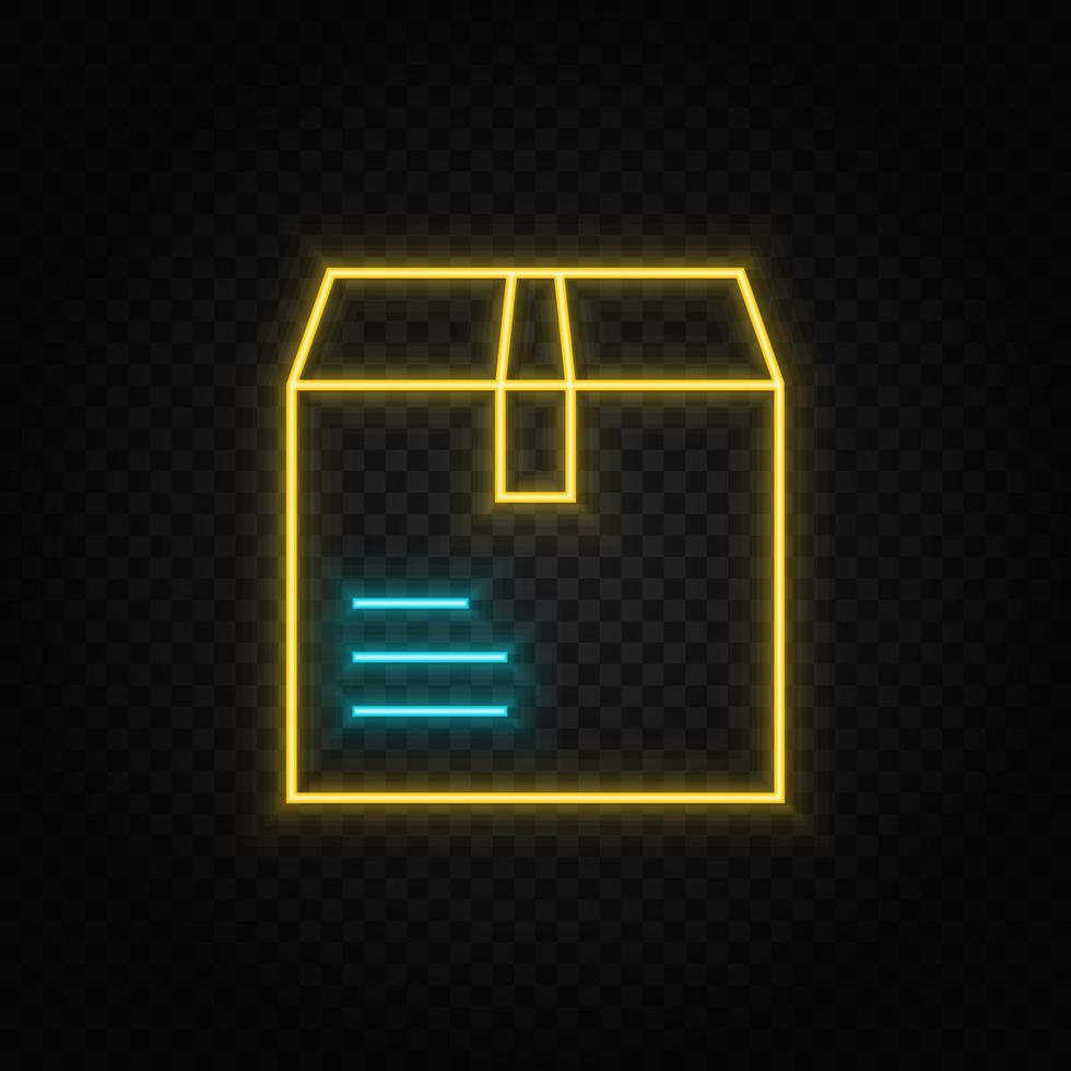 Paper, box, product neon icon. Blue and yellow neon vector icon. Transparent background