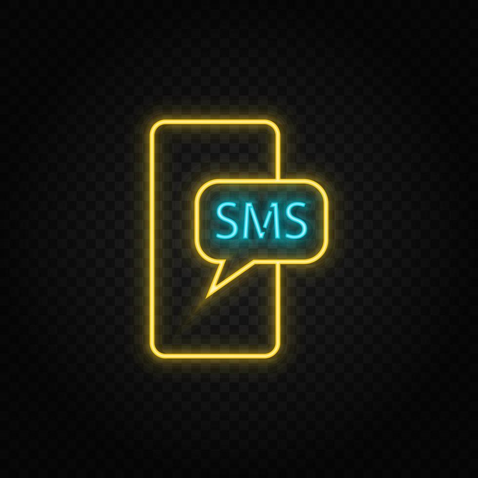 móvil, SMS neón icono. azul y amarillo neón vector icono. transparente antecedentes