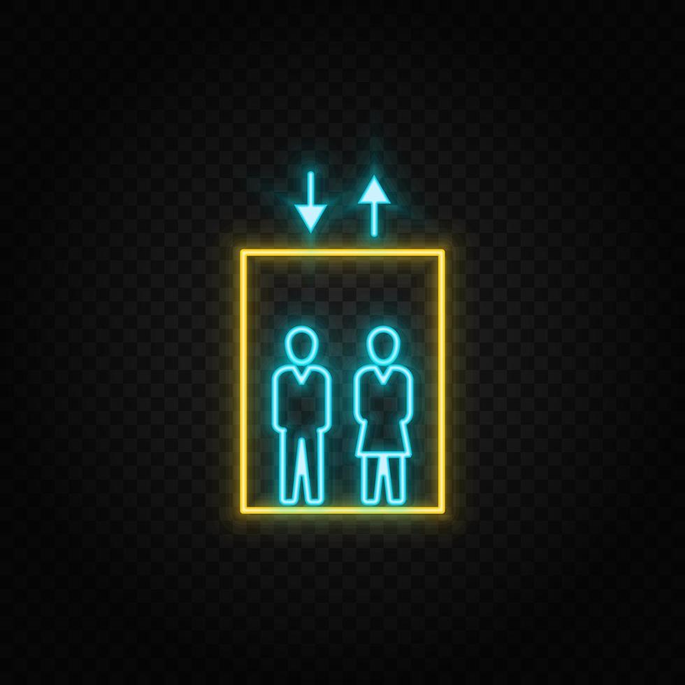 Down, elevator, lift neon icon. Blue and yellow neon vector icon. Transparent background