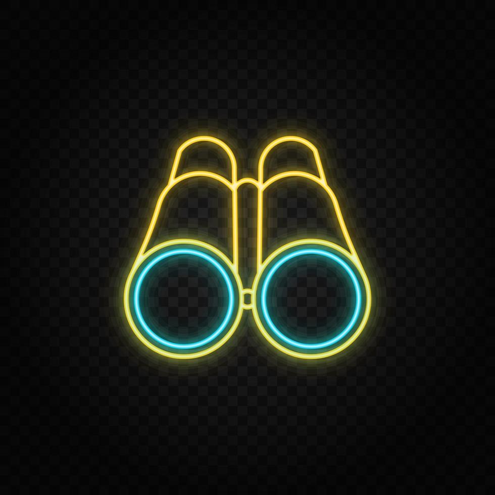 Binoculars, find neon icon. Blue and yellow neon vector icon. Transparent background