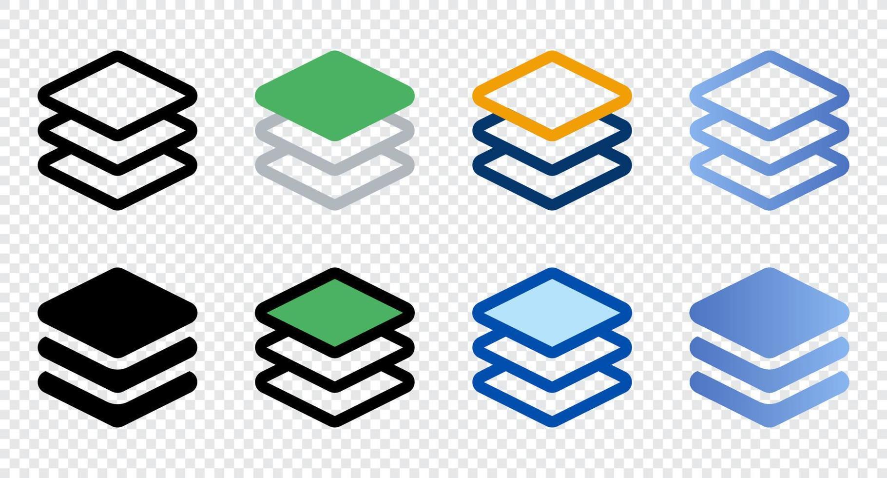 Layers icons in different style. Layers icons. Different style icons set. Vector illustration