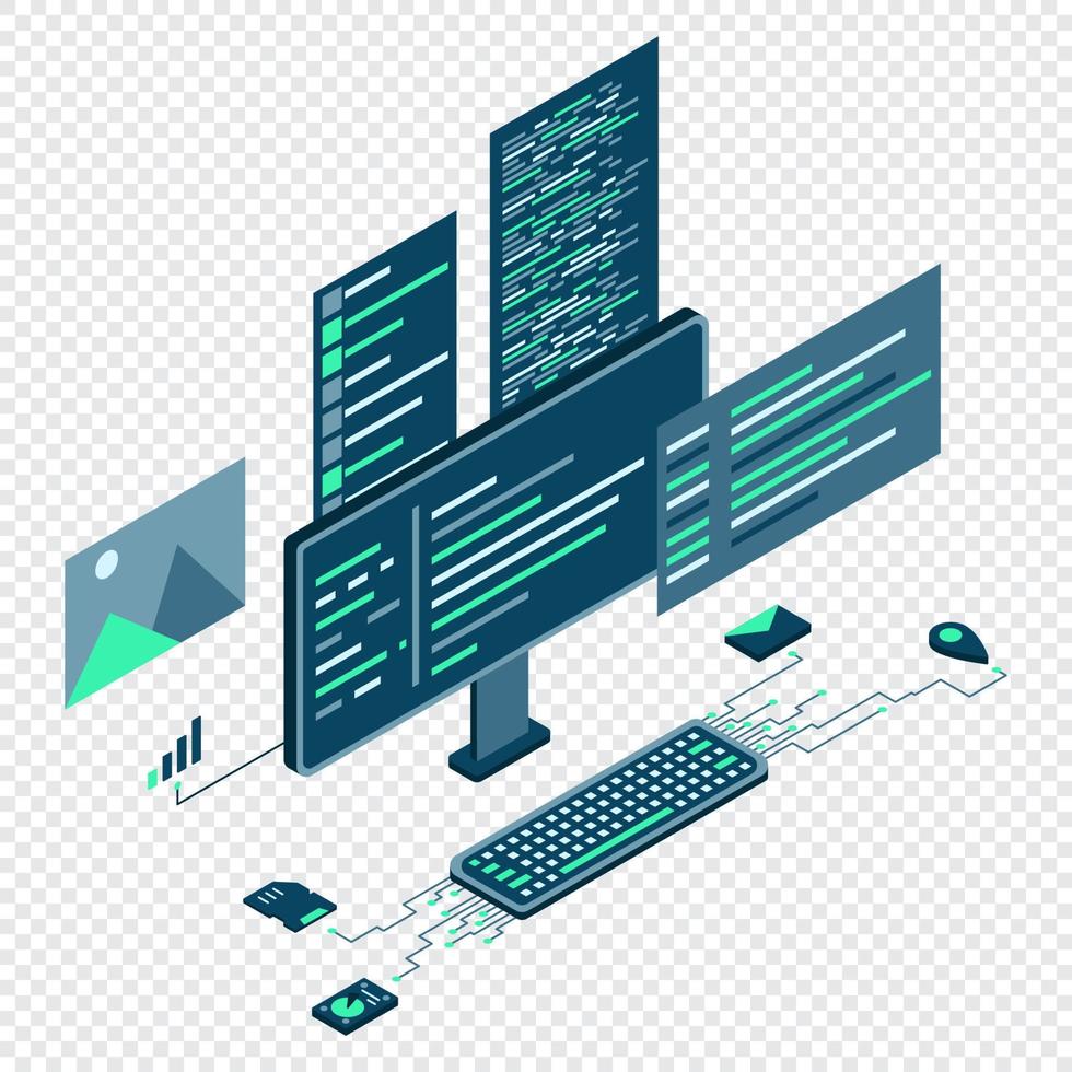 Computer technology isometric illustration. Desktop computer platforms. Software programming coding concept. Code with computer monitor. Vector illustration