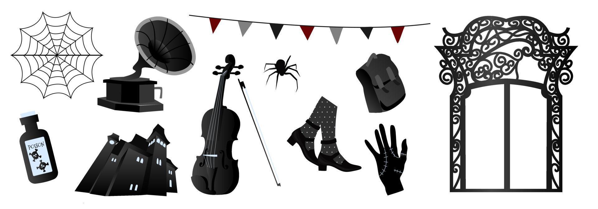 gótico conjunto en el estilo de miércoles. gótico negro arco, violonchelo, veneno, araña web, maletín, araña, rayo, mano, casa, zapatos, y banderas vector ilustración, plano estilo