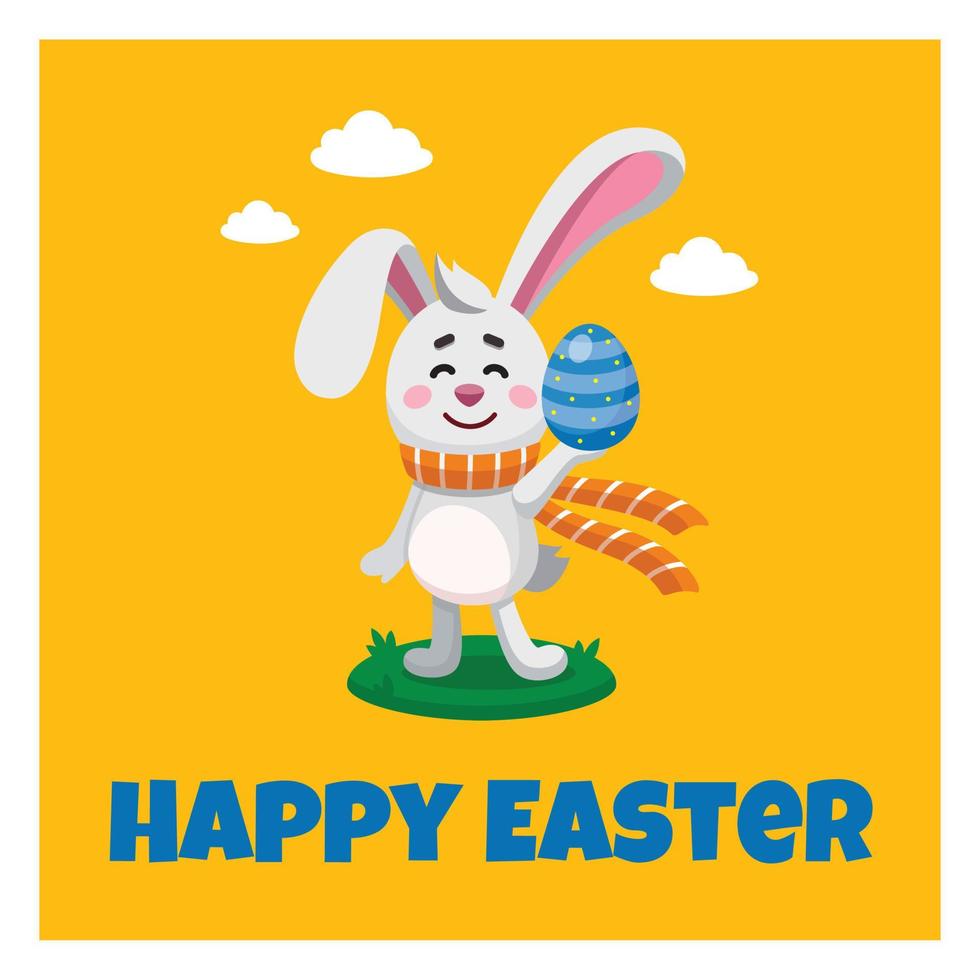 Vector flat digital illustration, banner, poster, greeting card of cartoony easter bunny, rabbit with an colourful painted egg. Egg hunting illustration.