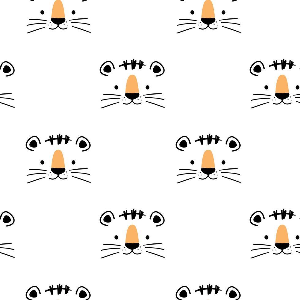 Cute scandinavian seamless pattern with little Tiger muzzle in doodle style. Vector illustration - cartoon tiger.