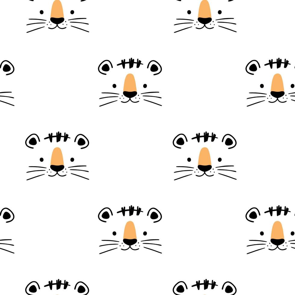 Cute scandinavian seamless pattern with little Tiger muzzle in doodle style. Vector illustration - cartoon tiger.