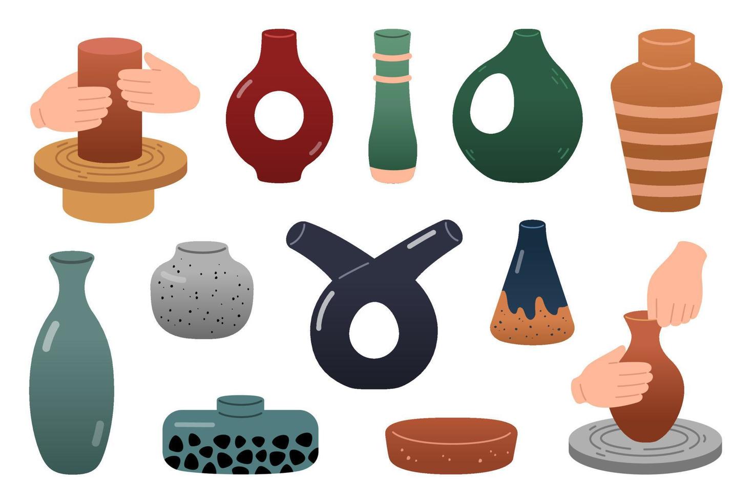 Ceramic kitchenware, bowls and jars set. Hands doing ceramic dish, colorful tableware, clay products. Craft hobby vector illustration.
