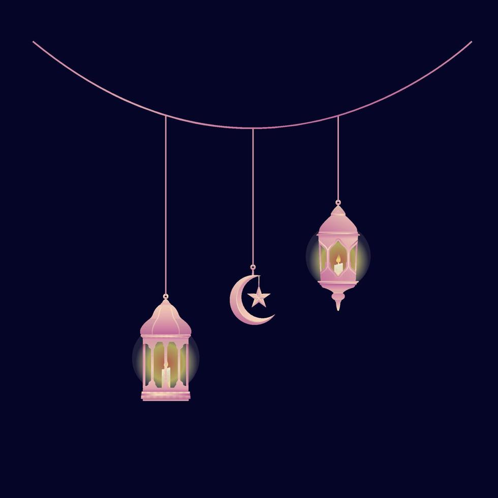 hanging lantern lamp with candle light and hanging crescent moon in pink gradient graphic element for ramadan decoration design vector