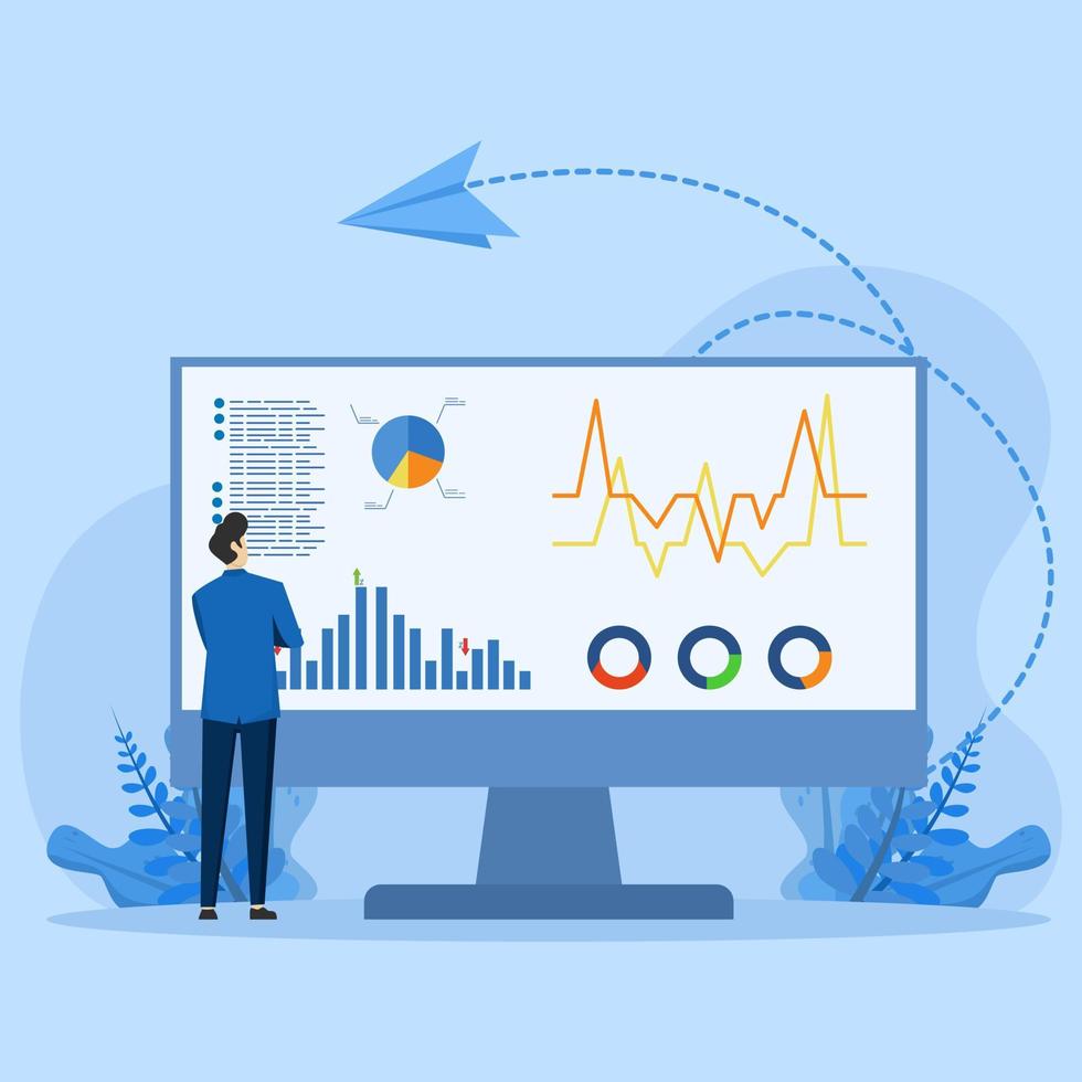 Software concept for system data monitoring, control panel or dashboard. People looking at diagrams and indicators on a computer screen. Modern flat colorful vector illustration for banners, posters.