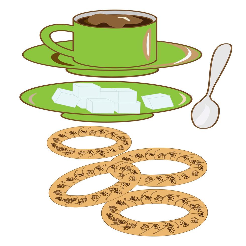 Coffee set. Tea with lemon cup and coffee pot with sugar and a spoon on a saucer. Coffee shop illustration banner poster business card. vector