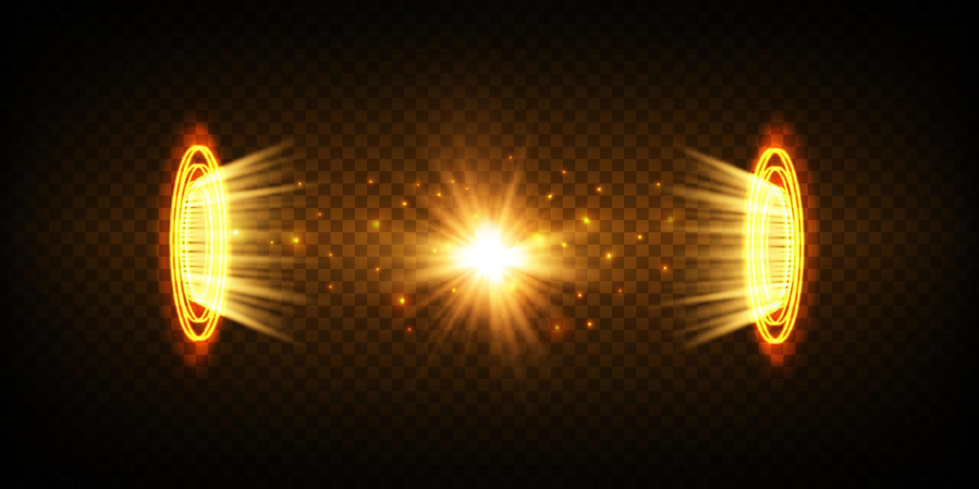 Magic portals on the night scene. Golden round holograms with rays of light and sparkles. Glowing futuristic teleport tunnel with copy space on black background vector