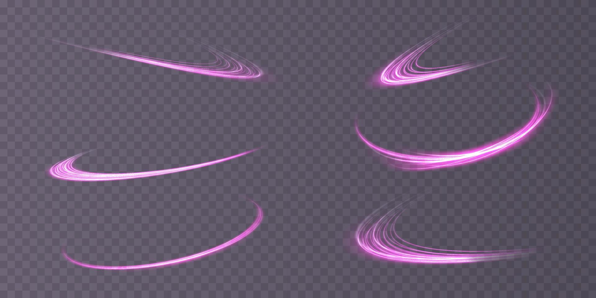 Abstract light lines of movement and speed in purple. Light everyday glowing effect. semicircular wave, light trail curve swirl vector