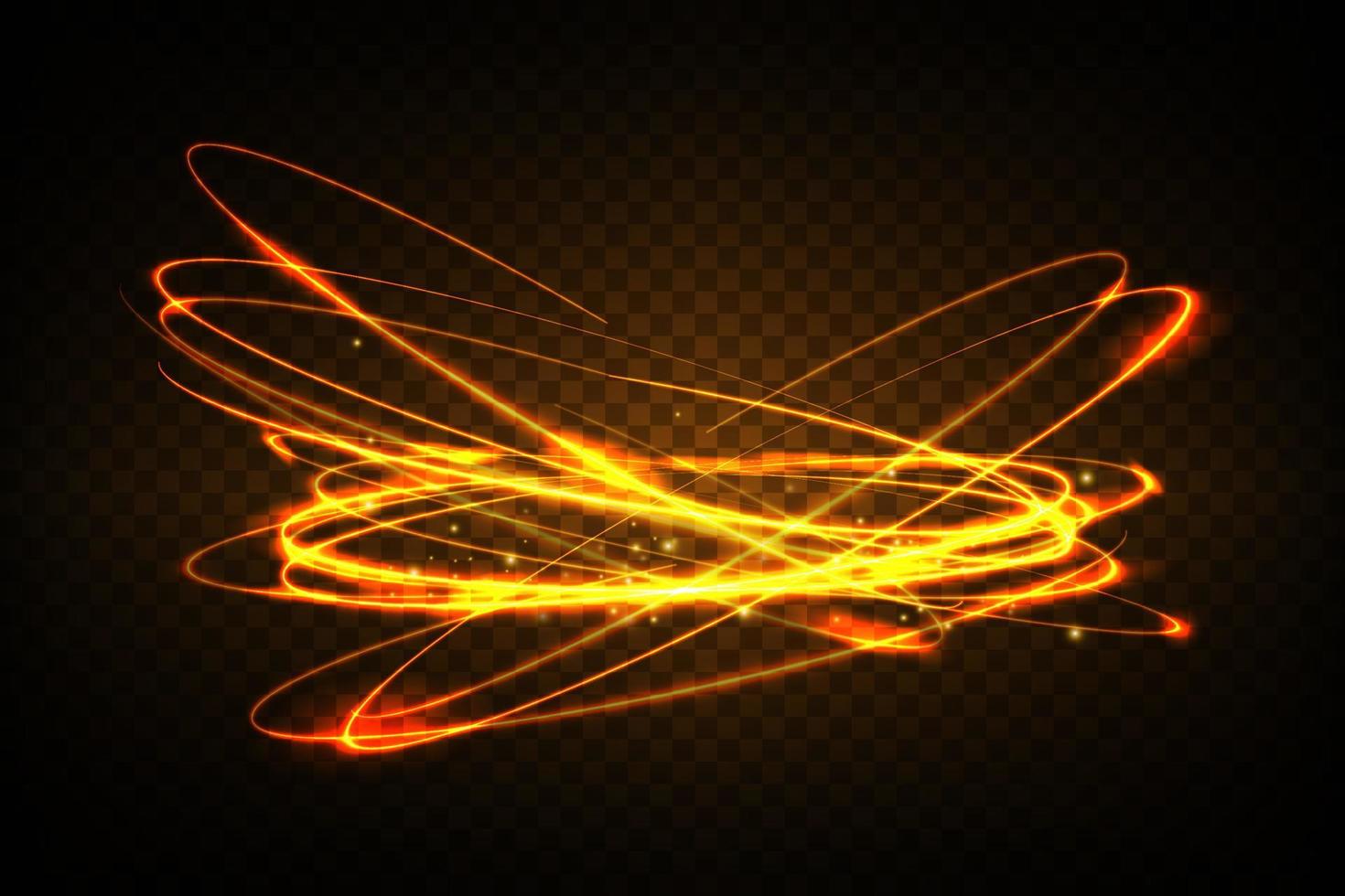 Golden glowing shiny spiral lines effect vector background. EPS10. Abstract light speed motion effect. Shiny wavy trail. Light painting. Light trail