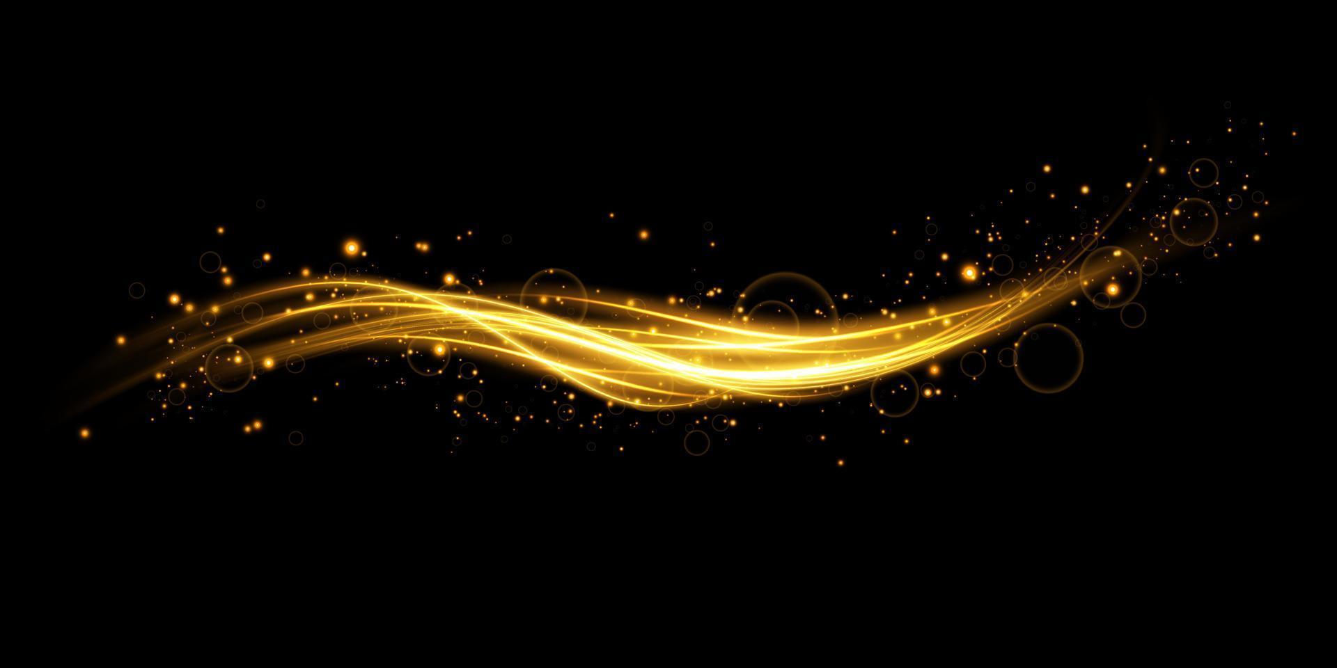 Abstract light lines of motion and speed in golden color. Light everyday glowing effect. semicircular wave, light trail curve swirl vector