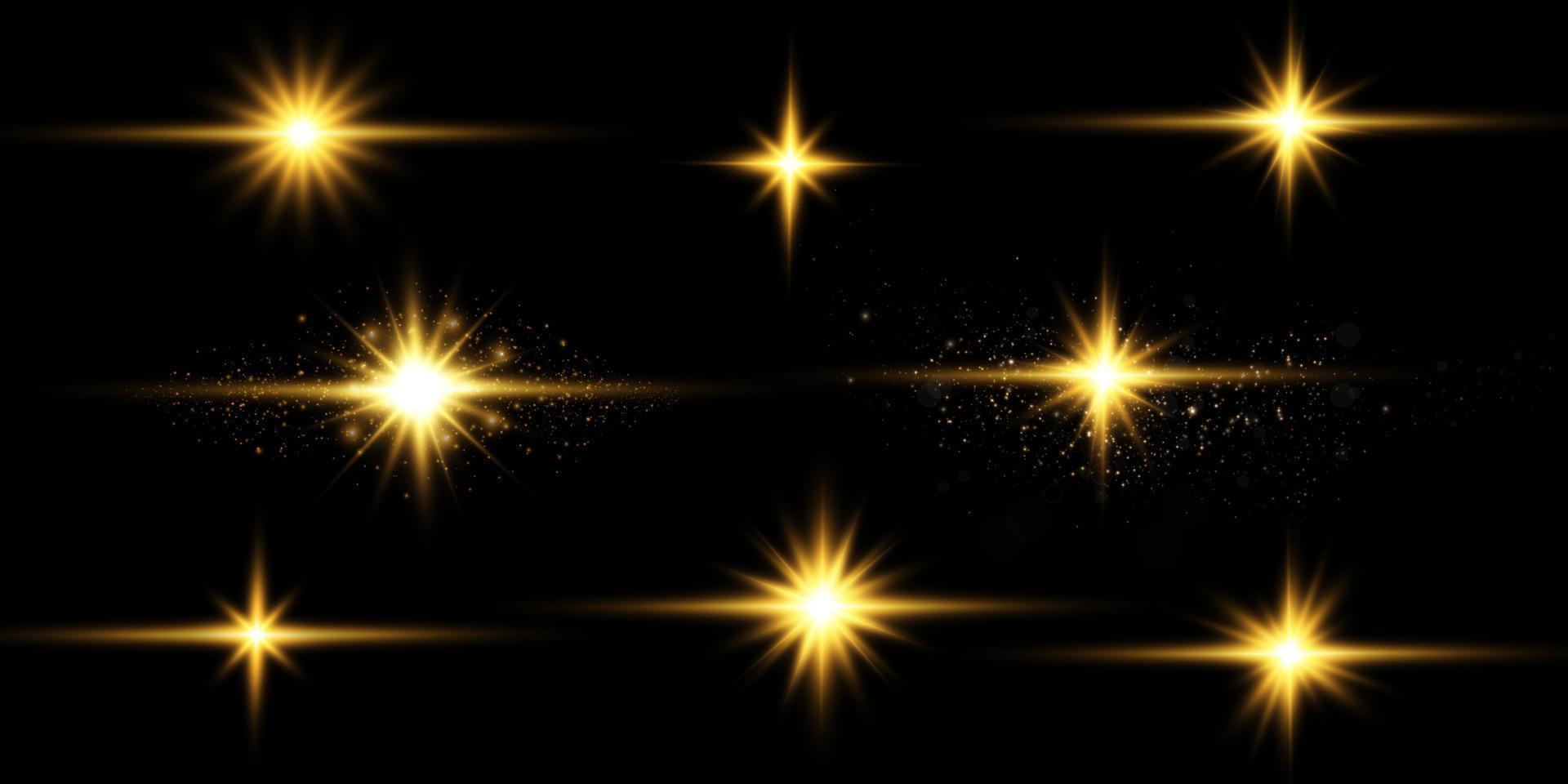 Collection of various golden glowing stars. A set of glare from a sunbeam. Flashes of light. Glow effect, sparks, radiance, shine. Vector illustration on a black background.