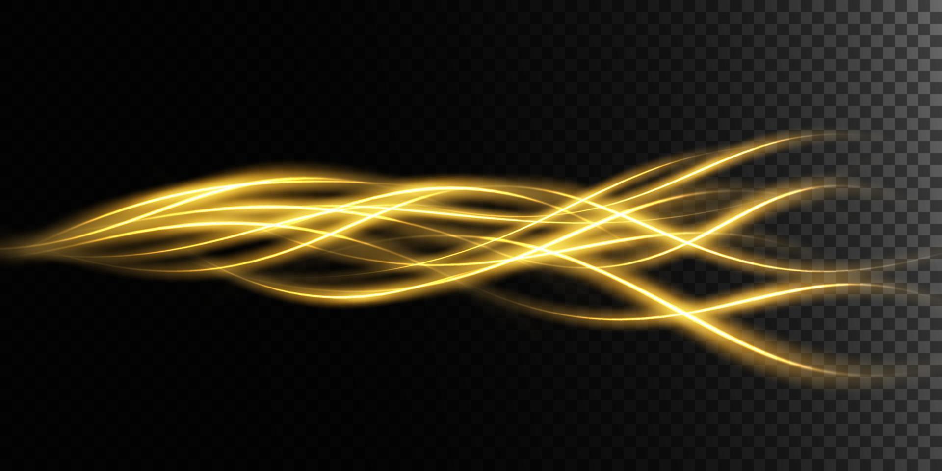 Abstract beautiful light background. Magic golden sparks on a dark background. Mystical speed stripes, glitter effect. Shine of cosmic rays. Neon lines of speed and fast wind. Glow effect. vector