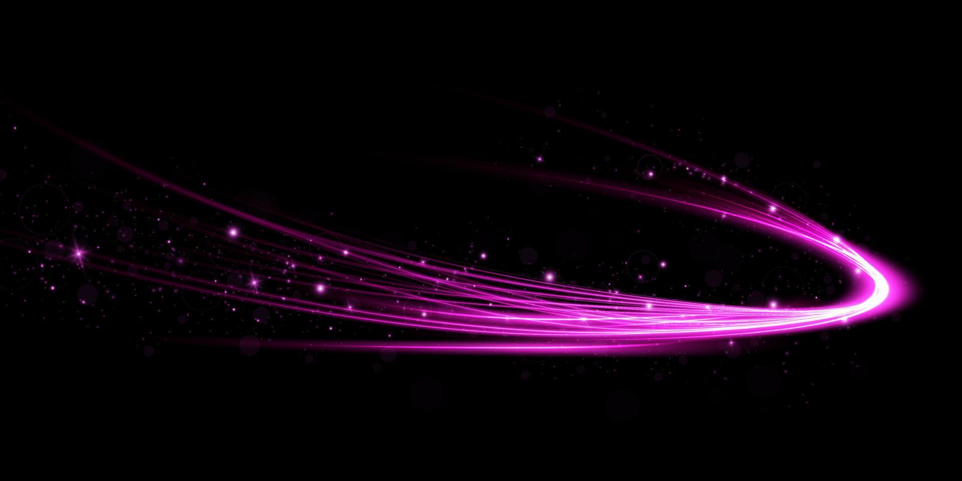 Abstract light lines of movement and speed with purple color sparkles. Light everyday glowing effect. semicircular wave, light trail curve swirl, car headlights, incandescent optical fiber. vector
