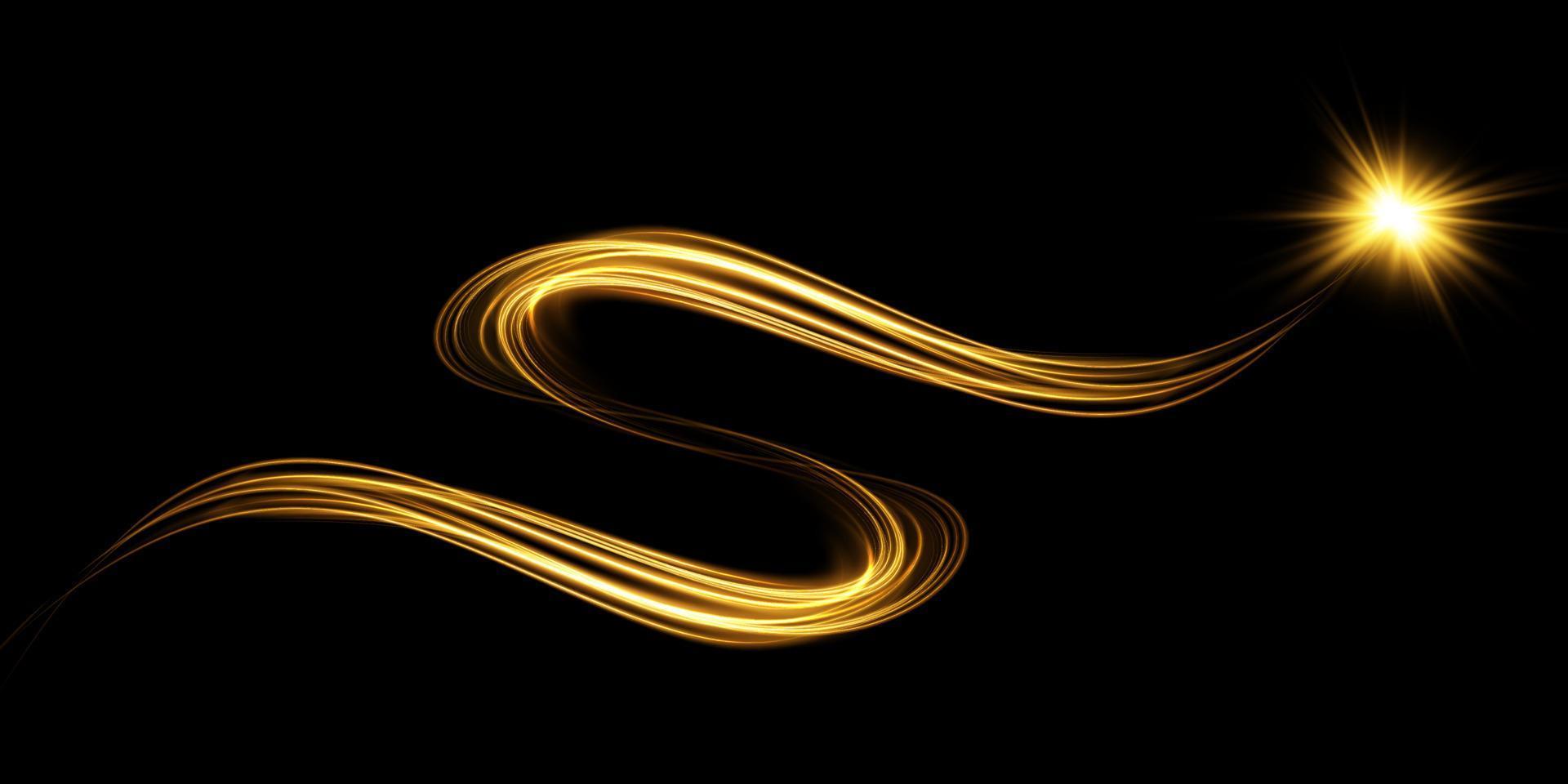 Luminous gold lines of speed. Light glowing effect. Abstract motion lines. Light trail wave, fire path trace line vector