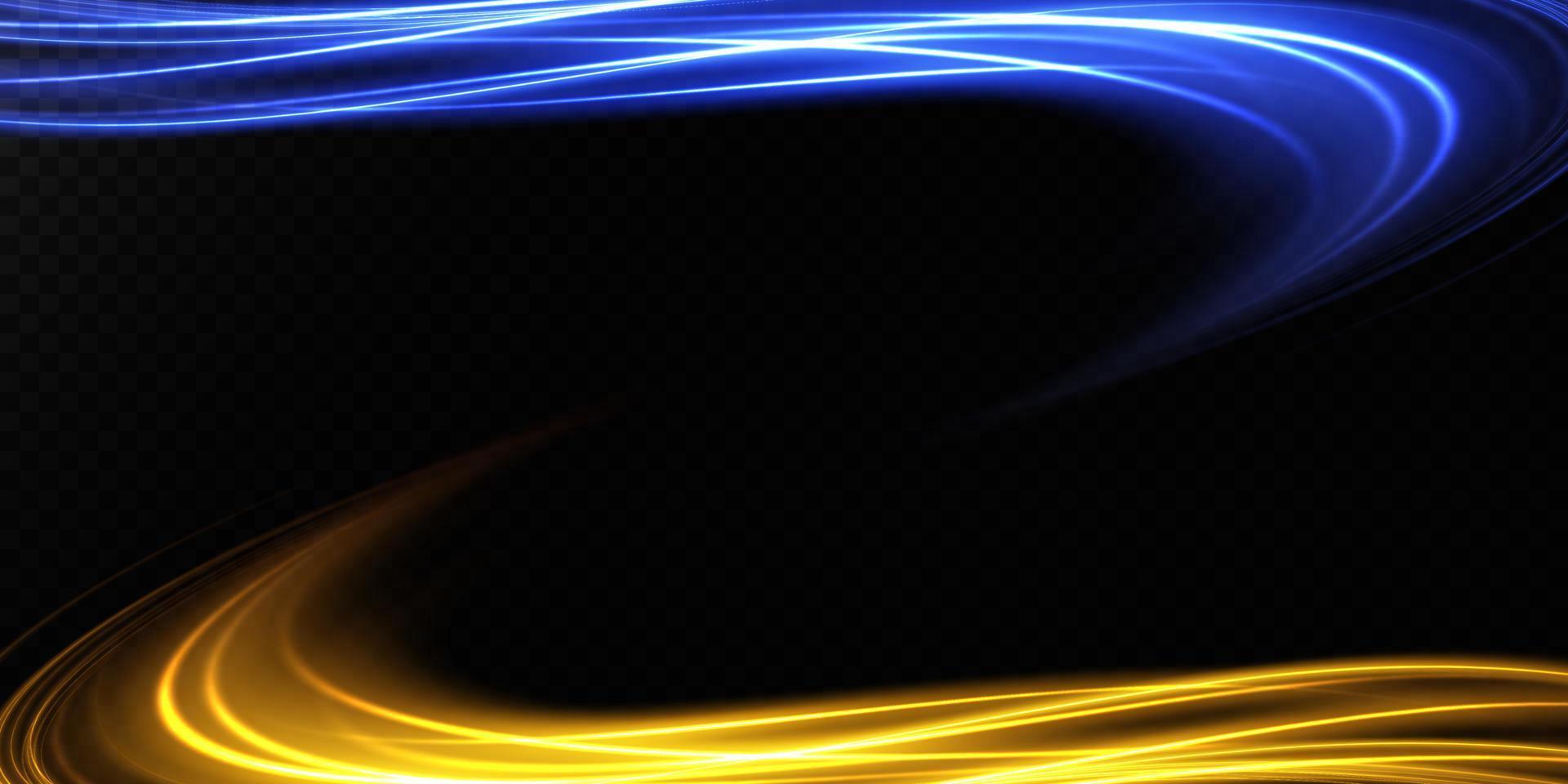 Abstract light lines of movement and speed in blue and gold. Light everyday glowing effect. semicircular wave, light trail curve swirl vector