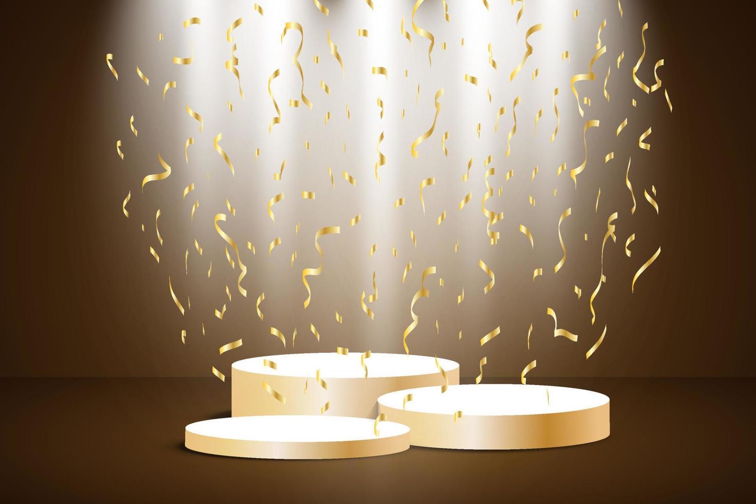 Golden podium with a spotlight on a dark background, falling golden confetti, first place, fame and popularity. Vector illustration.