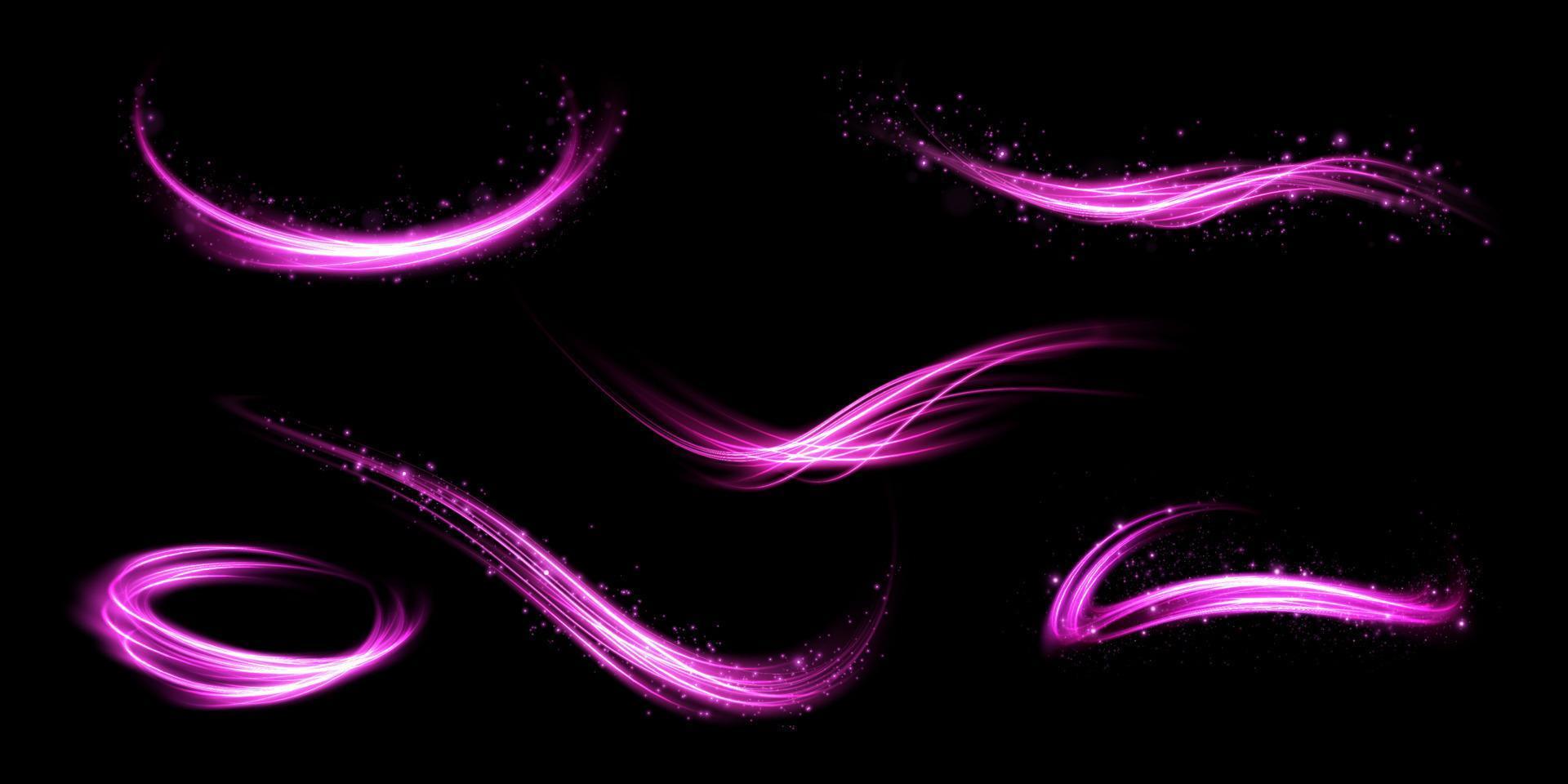 Abstract light lines of movement and speed with purple color sparkles. Light everyday glowing effect. semicircular wave, light trail curve swirl vector