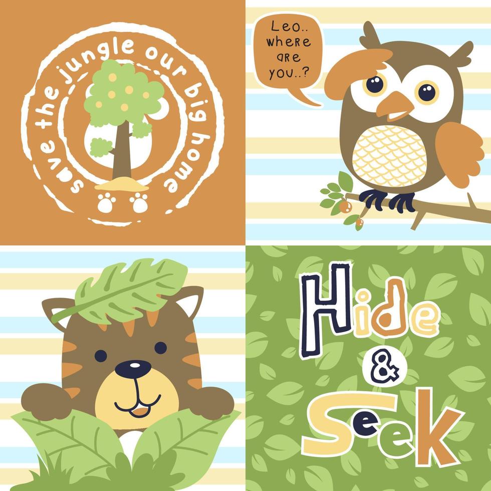 Vector cartoon illustration of cute owl with tiger playing hide and seek