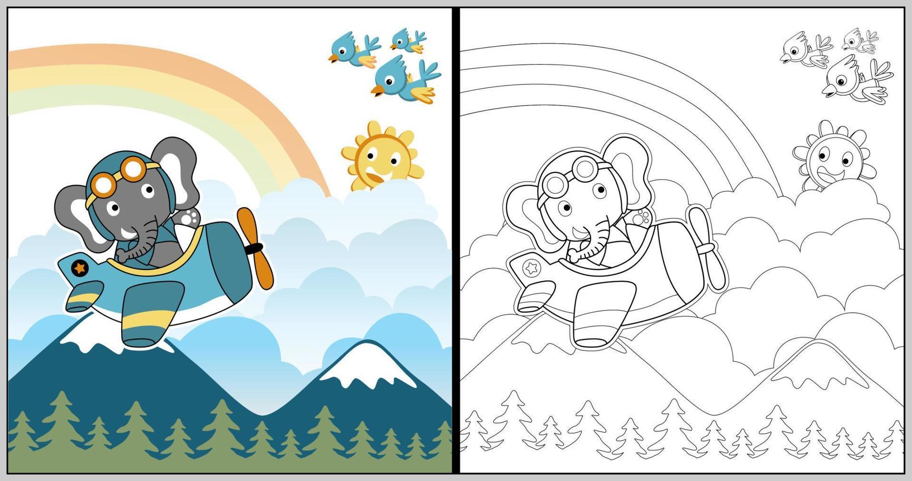 Cartoon cute elephant on airplane with birds and smiling sun, vector illustration, coloring book or page