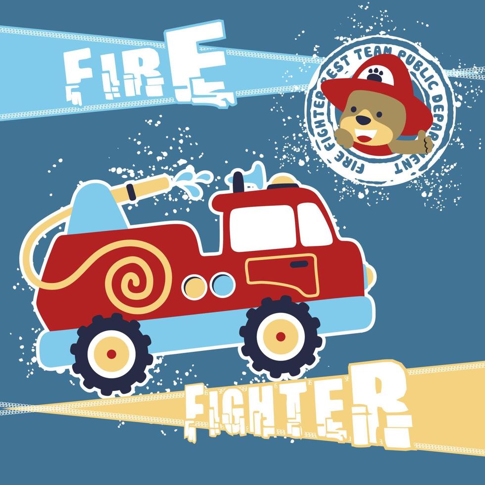 Vector illustration of firetruck cartoon with funny bear