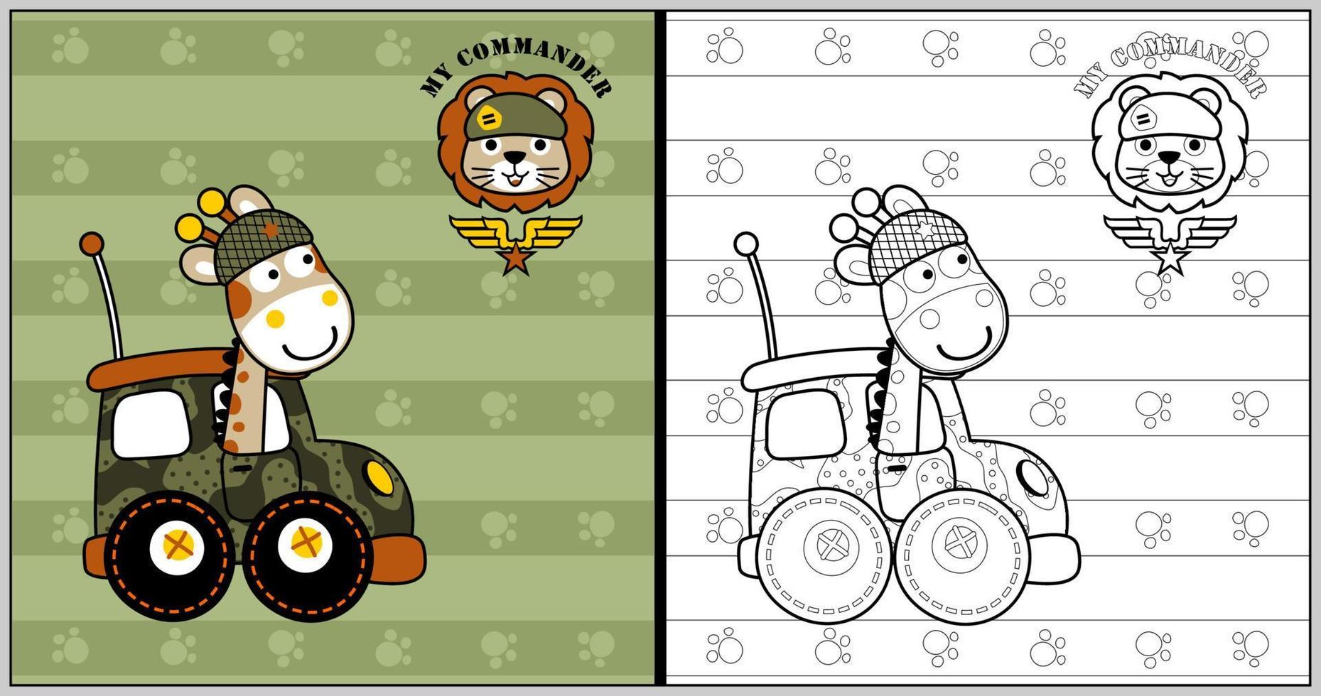 vector cartoon of funny giraffe driving military car, cute lion face, coloring book or page