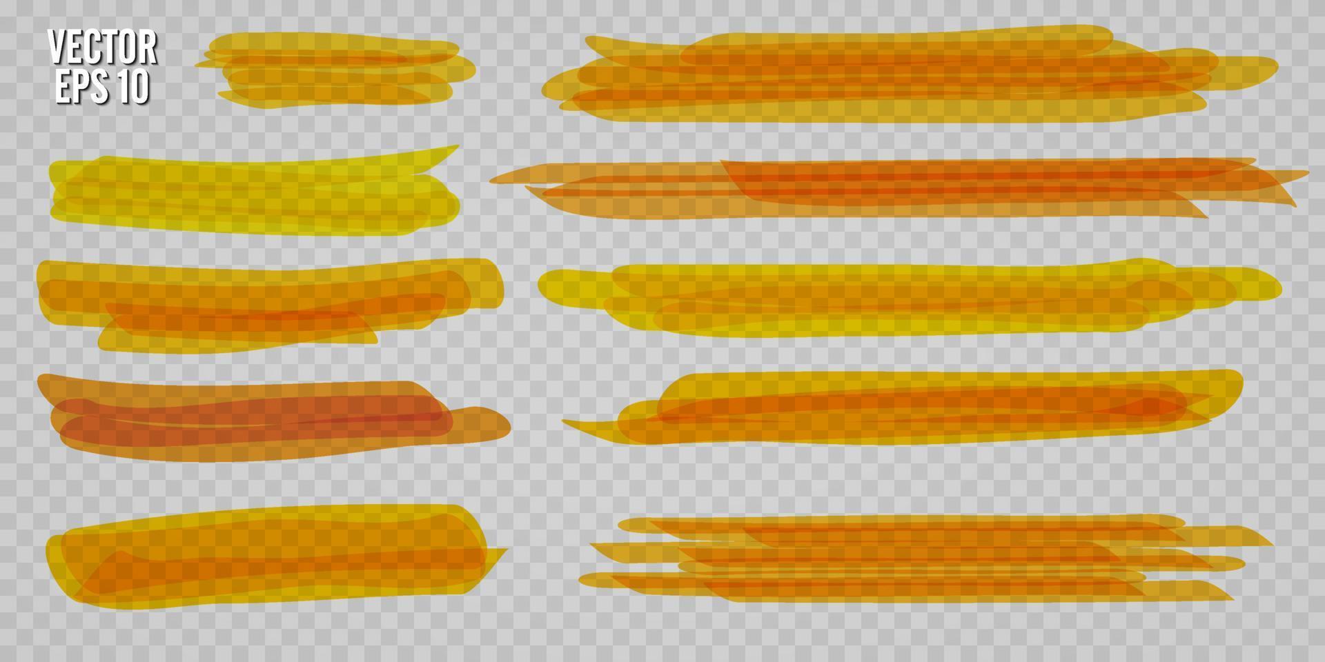 Vector highlighter brush set. Hand drawn yellow highlight marker stripes.