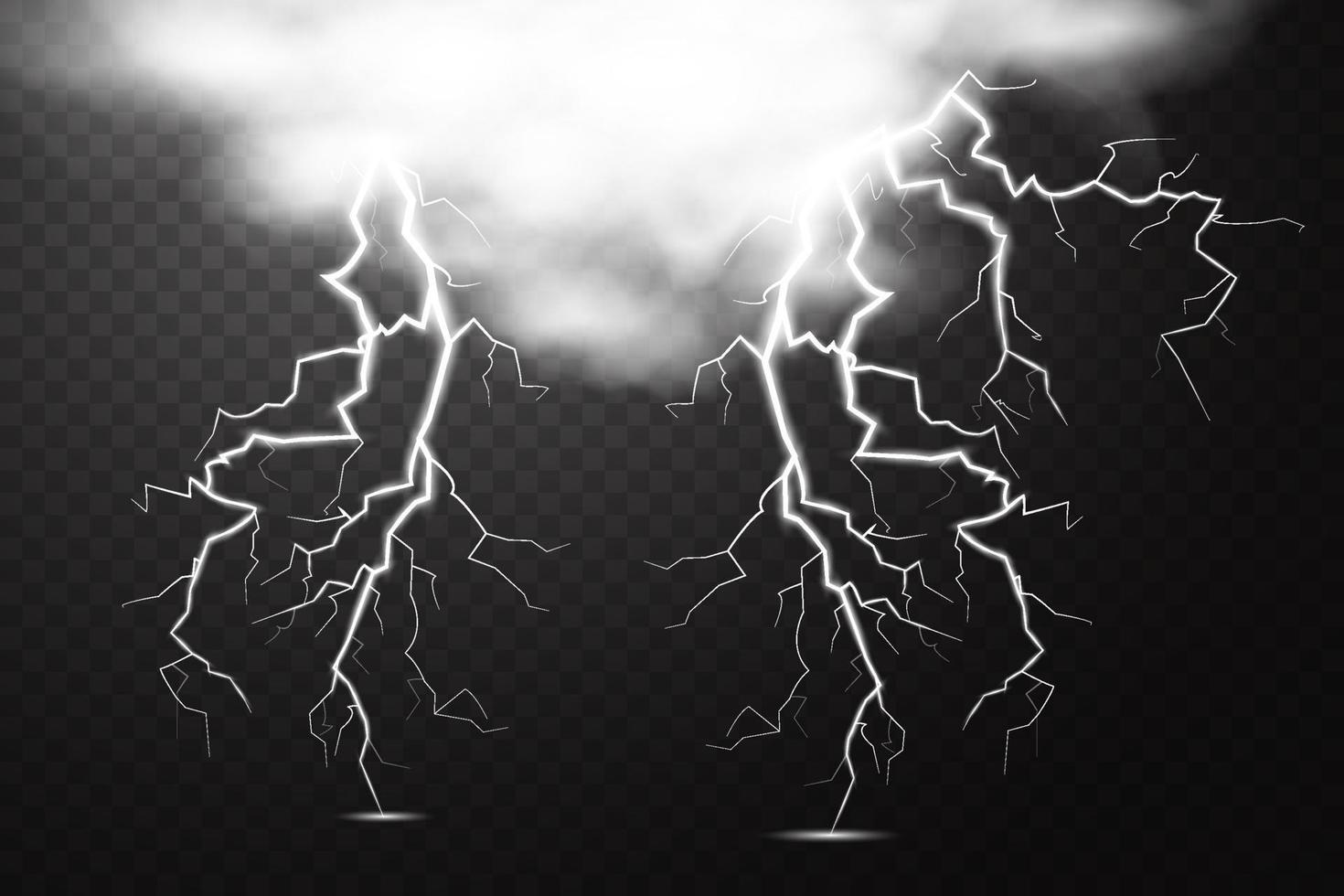 conjunto de relámpago mágico y brillante ligero efecto. tormenta con relámpago y nubes vector ilustración. descarga eléctrico actual. cargar actual. natural fenómenos.