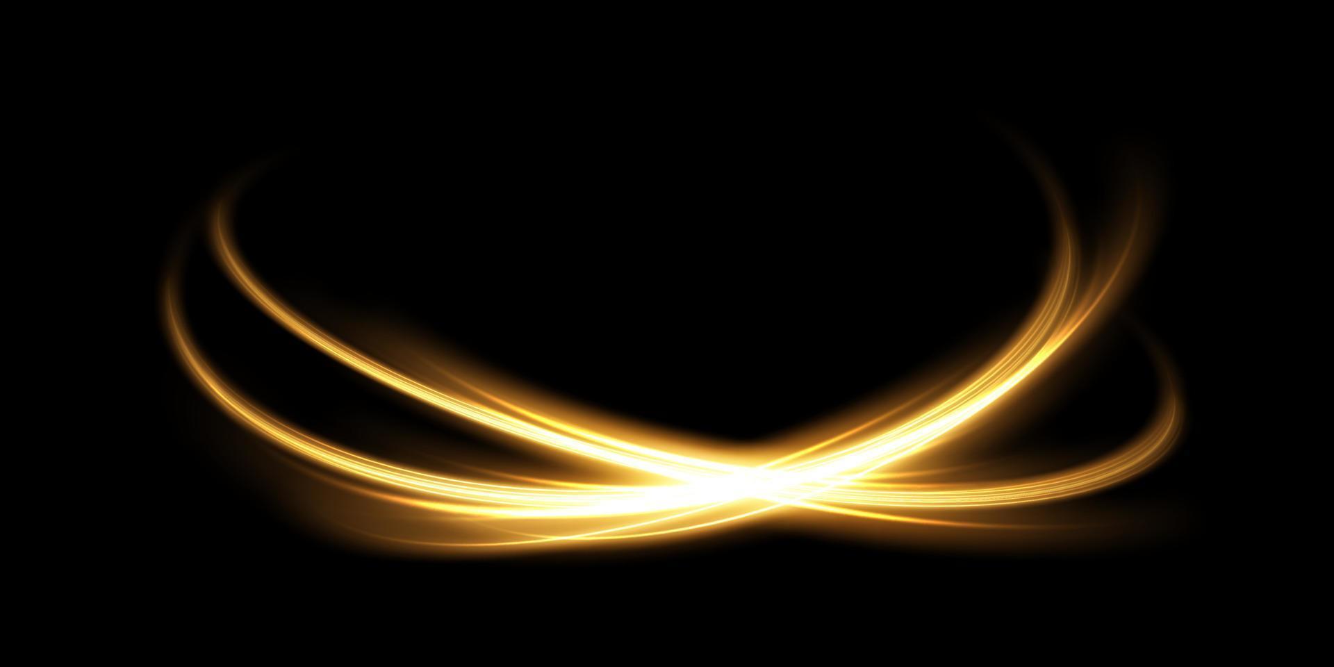 Abstract light lines of motion and speed in golden color. Light everyday glowing effect. semicircular wave, light trail curve swirl vector