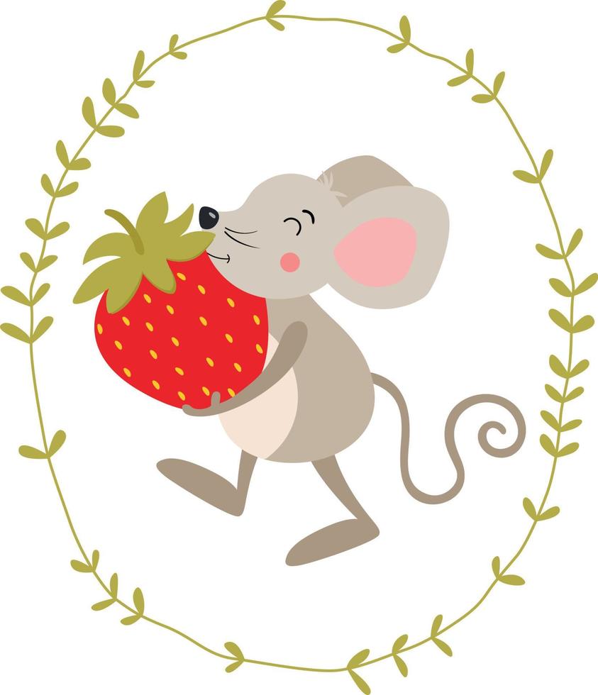 Illustration with a cute mouse carrying a red strawberry inside an oval leaves border vector