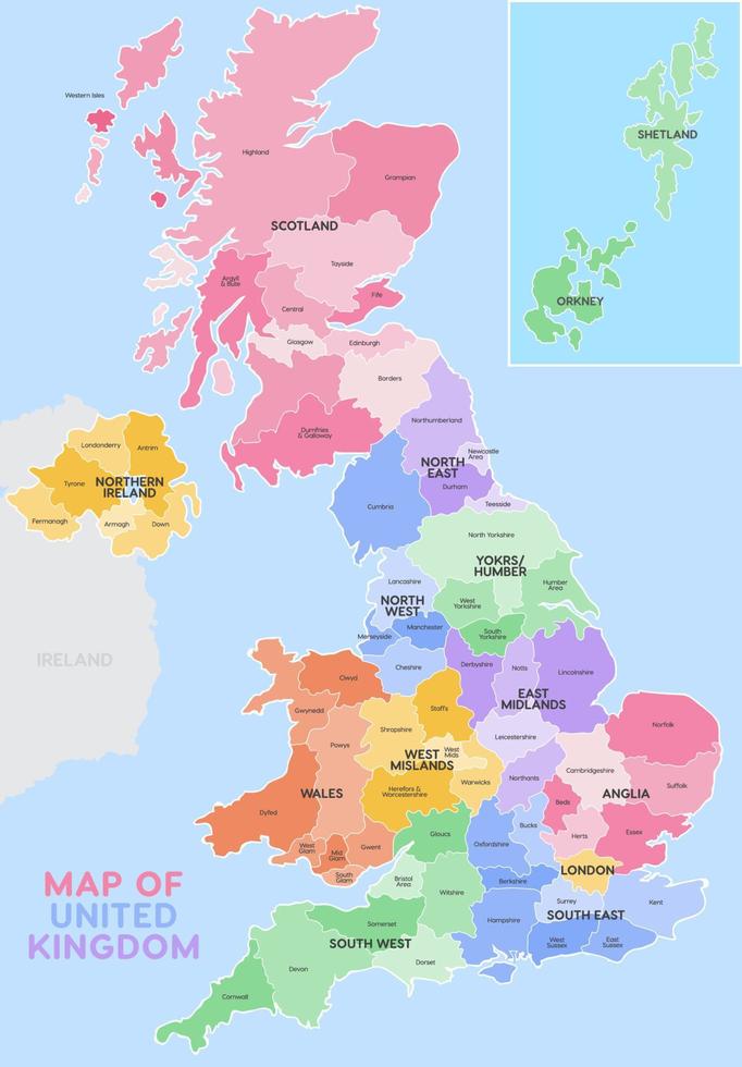 Detailed Colorful Vector Map of United Kingdom Great Britain Teritory