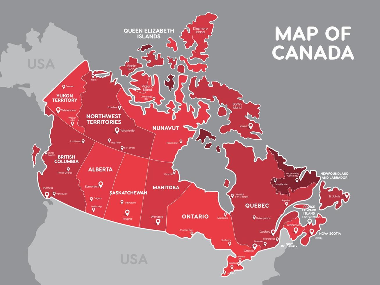 detallado vector mapa de Canadá con provincias y ciudades nombre