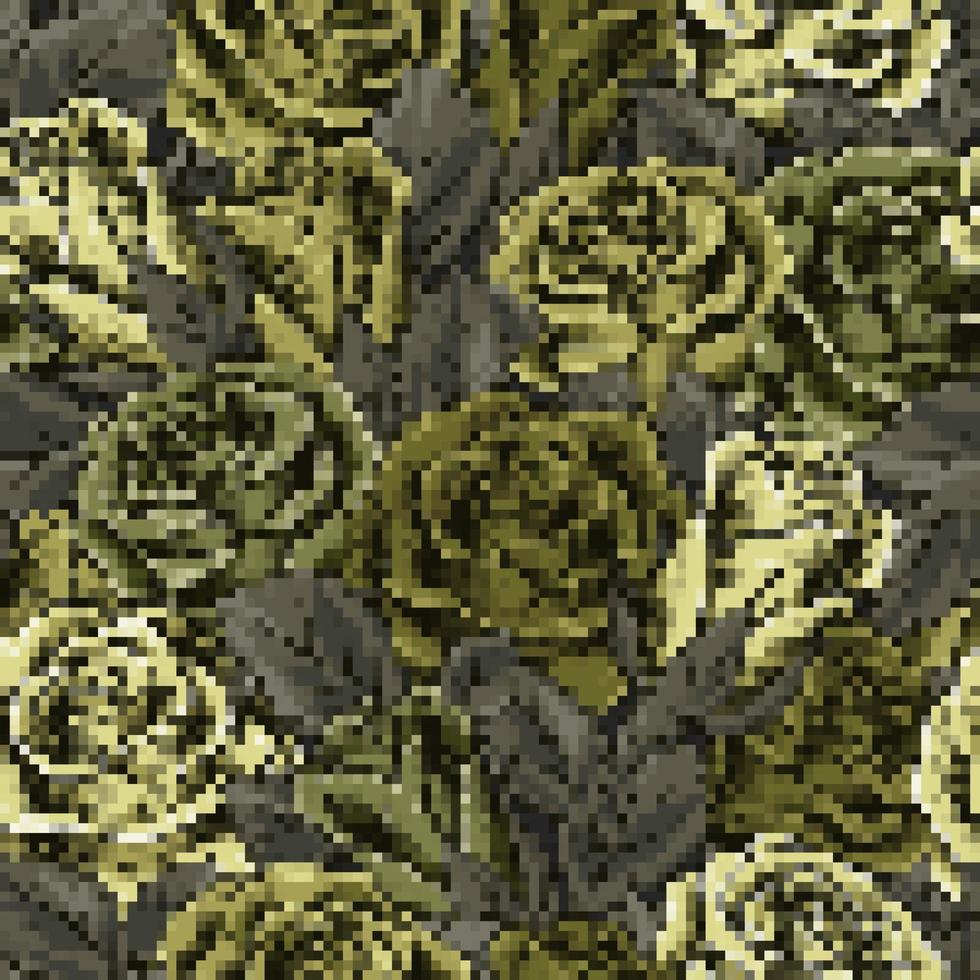 Camouflage green pattern with lush blooming roses. PIXEL retro effect. Dense composition with overlapping elements. Army or hunting masking ornament for female apparel, fabric, textile, sport goods. vector