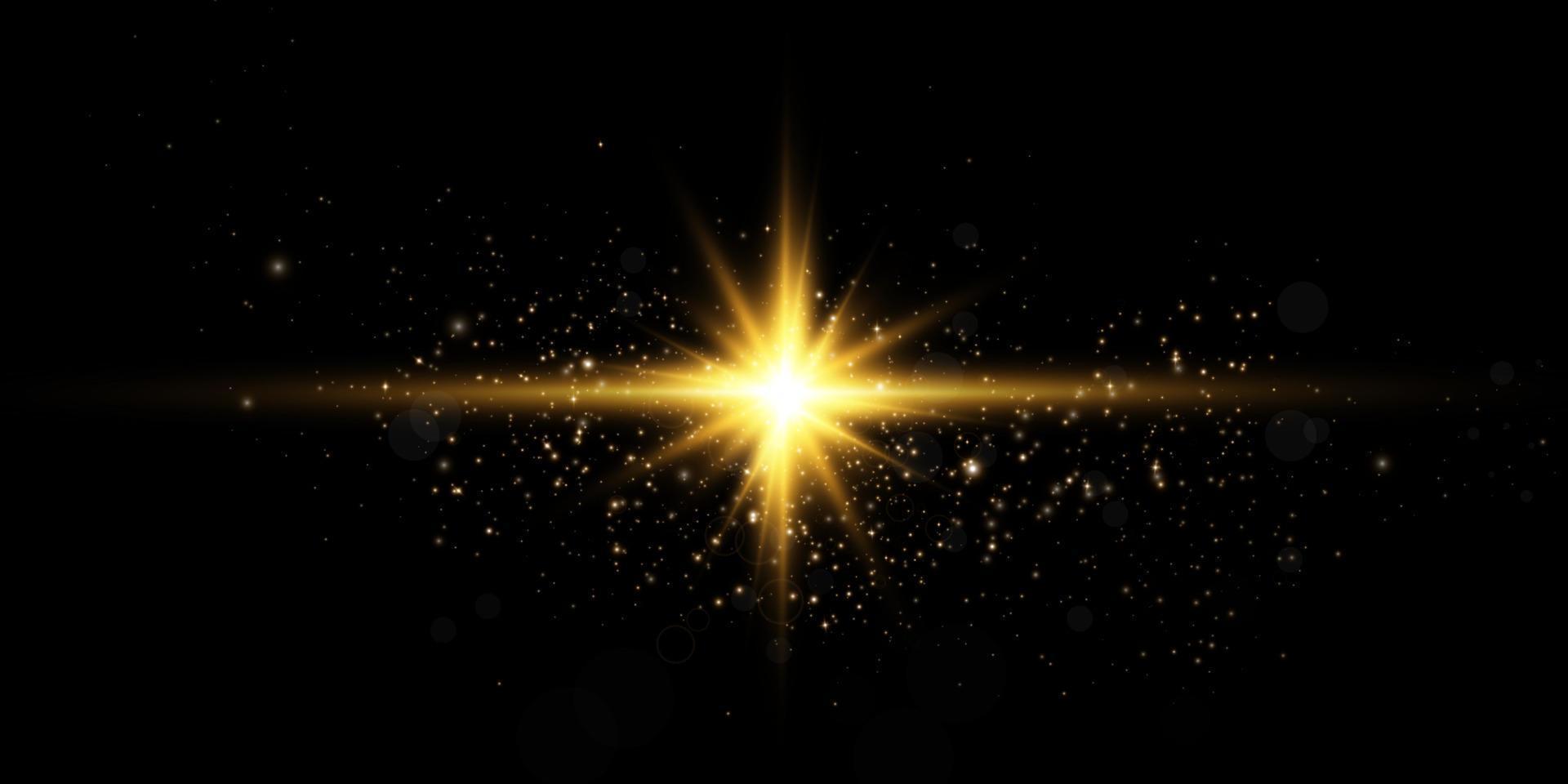 Golden star, on a black background, the effect of glow and rays of light, glowing lights, sun.vector. vector