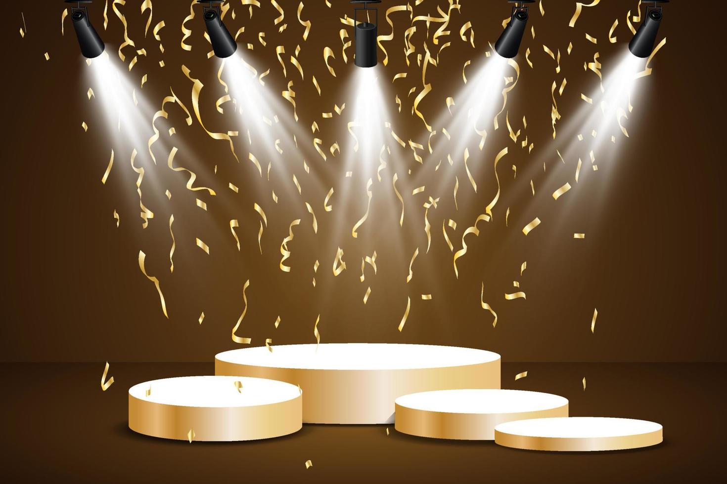 Golden podium with a spotlight on a dark background, falling golden confetti, first place, fame and popularity. Vector illustration.