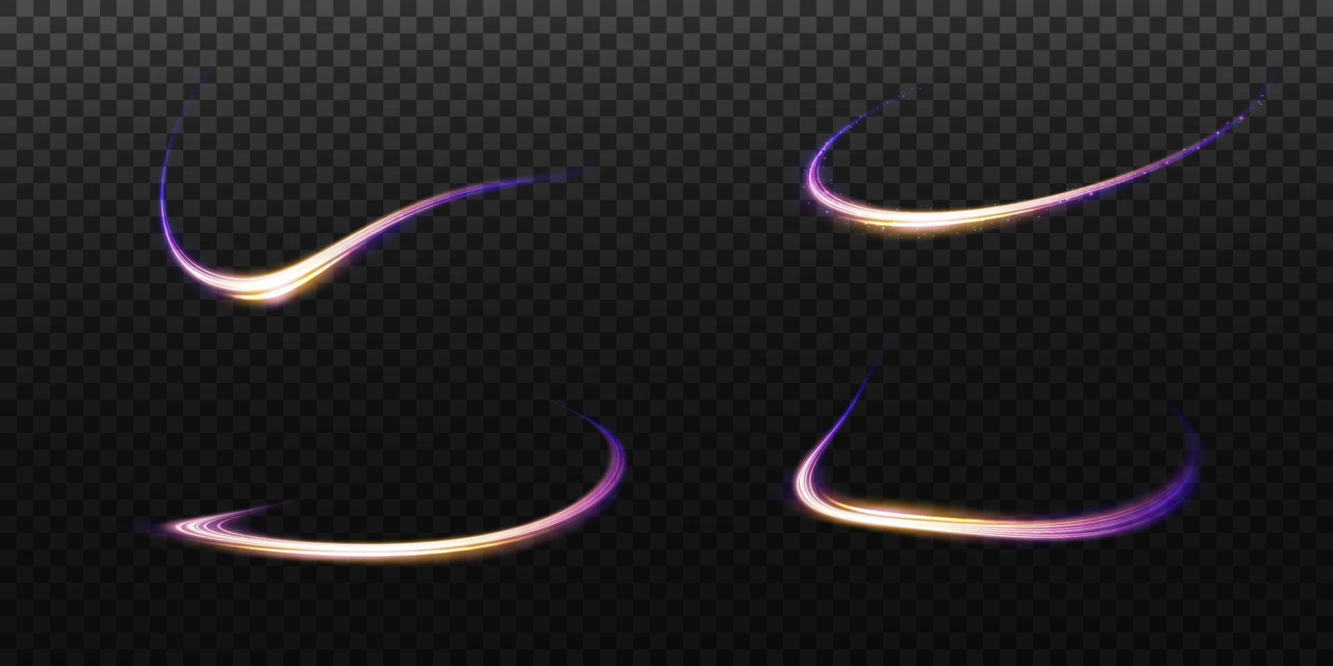 Abstract light lines of movement and speed, blue, gold, purple colors. Light everyday glowing effect. semicircular wave, light trail curve swirl, optical fiber incandescent png. vector