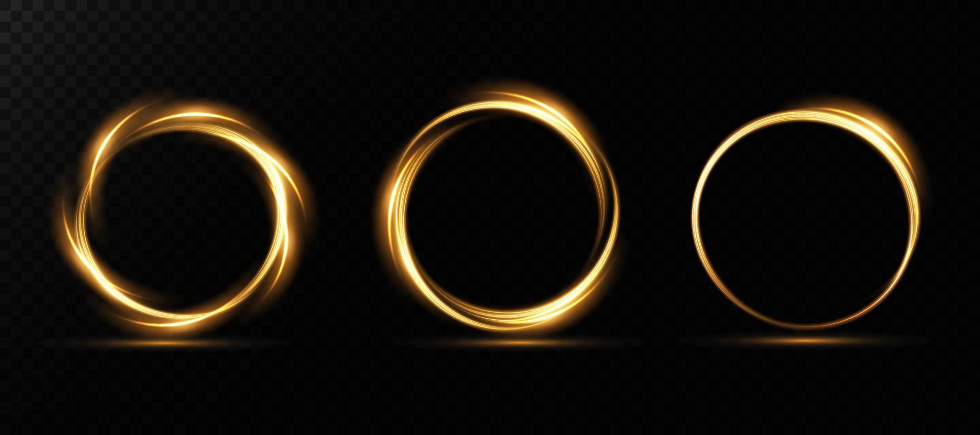Golden glowing shiny spiral lines, round frames. vector