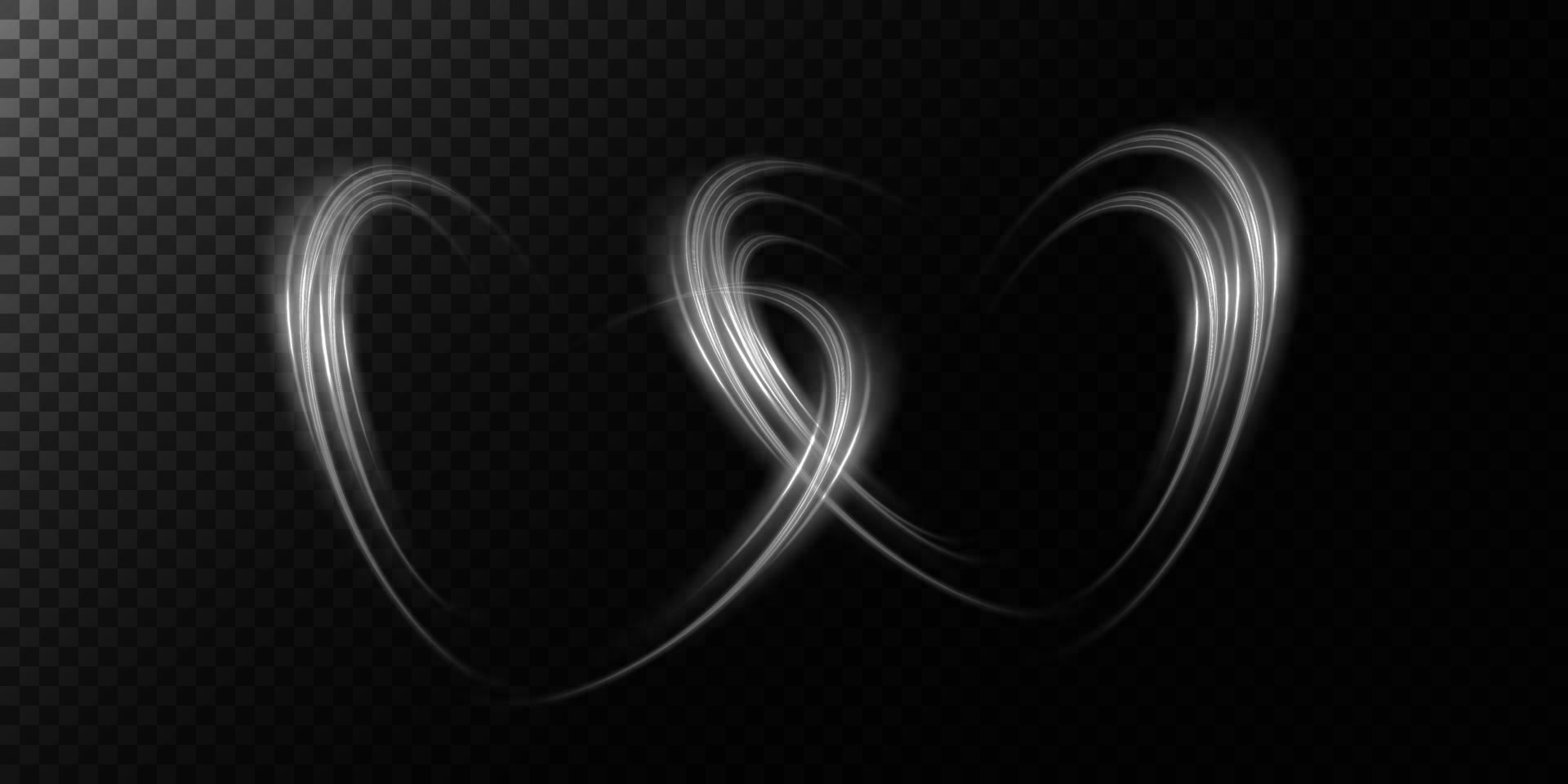 Abstract white light lines of movement and speed in the shape of two hearts. Glow light effect. vector